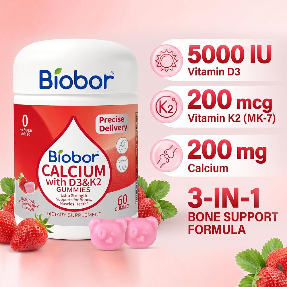 Biobor 200 mg Calcium Gummies with Vitamin D3+ K2, Strawberry