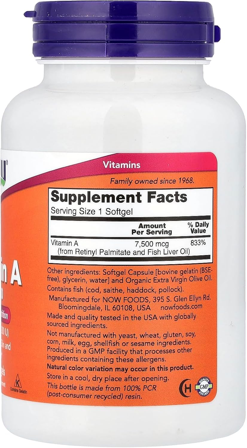Now Foods Vitamin A 25,000 IU - 250 Softgels - image 2