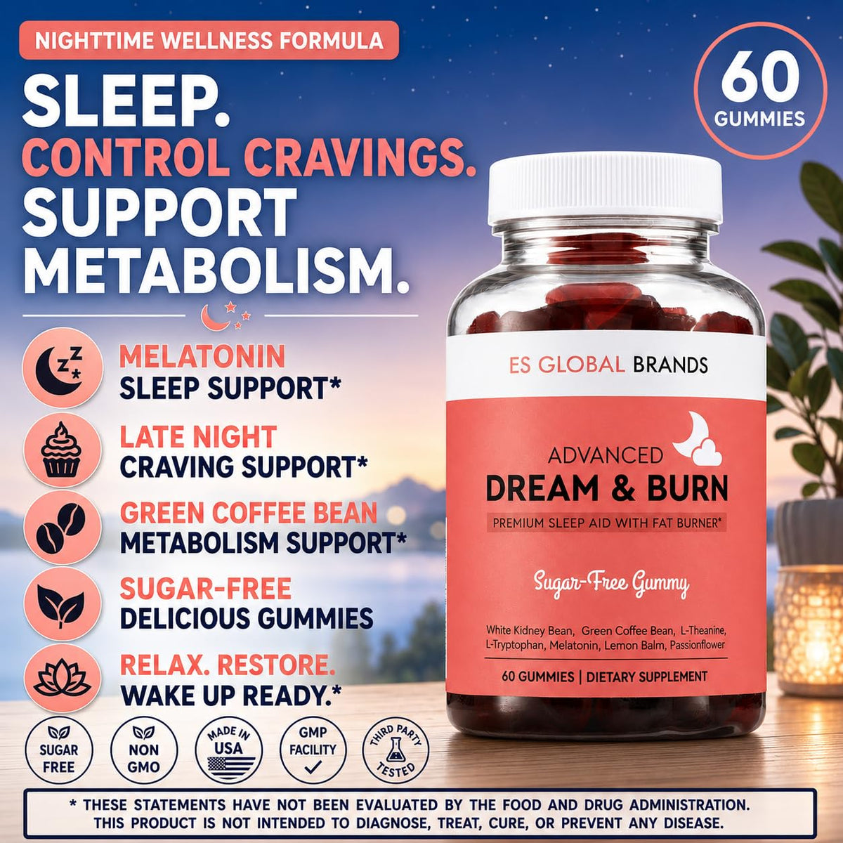 ES Global Brands Night Time Fat Burner Gummies with Melatonin - 60 Count - image 3
