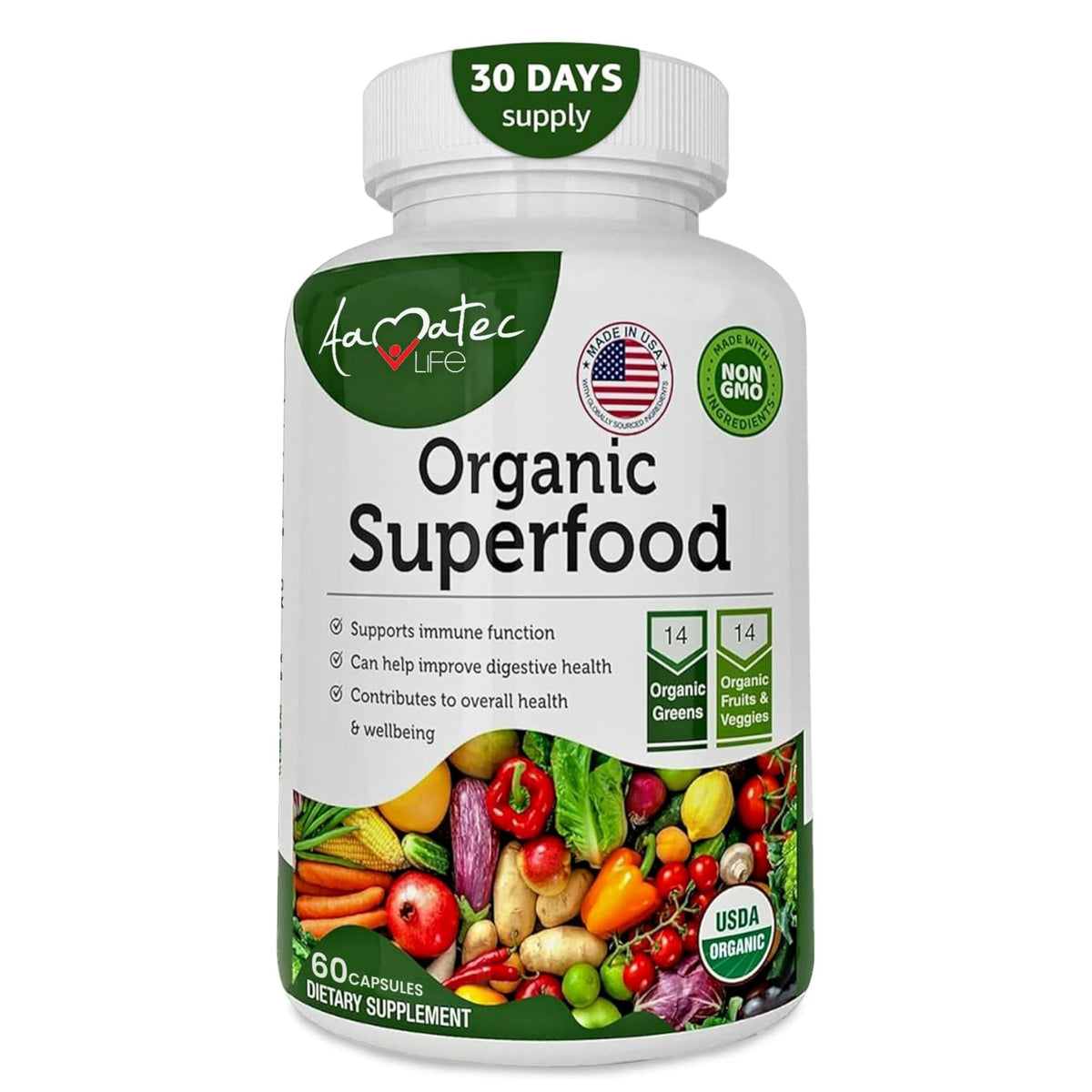 AAMATEC LIFE Organic Superfood Greens with 14 Fruits & Veggies - 60 Tablets