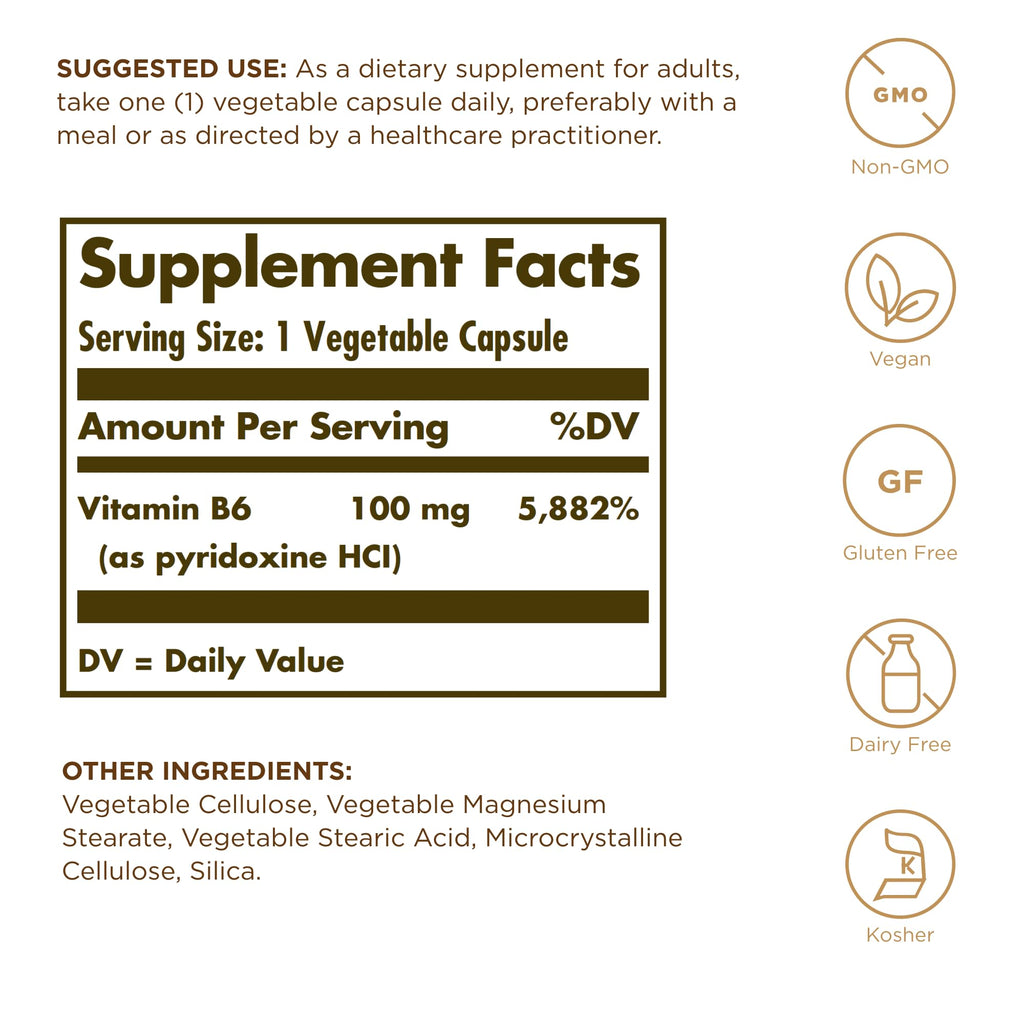 Solgar Vitamin B-6 100mg - 100 Capsules - image 2