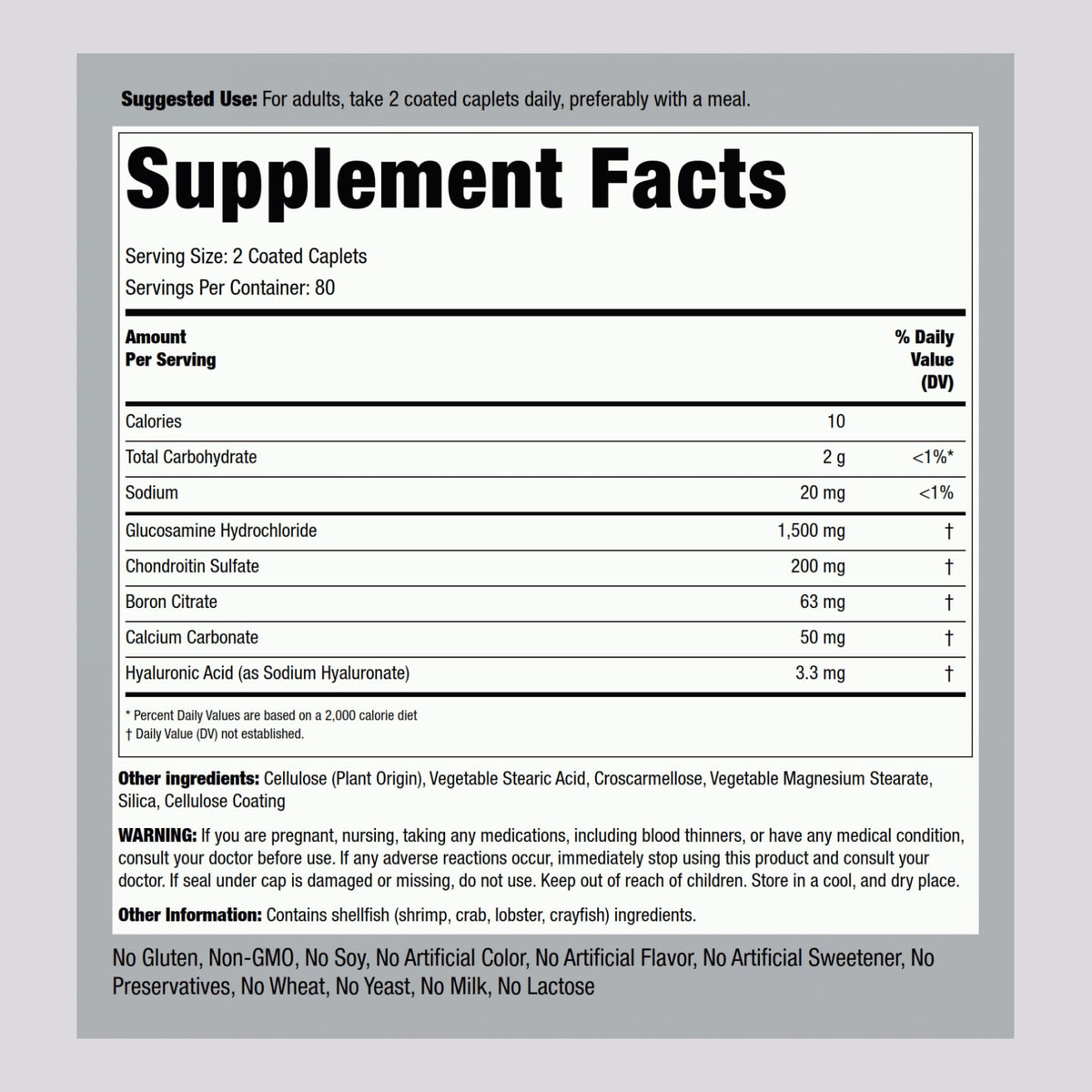 Piping Rock Glucosamine Chondroitin with Hyaluronic Acid - 160 Caplets - image 2