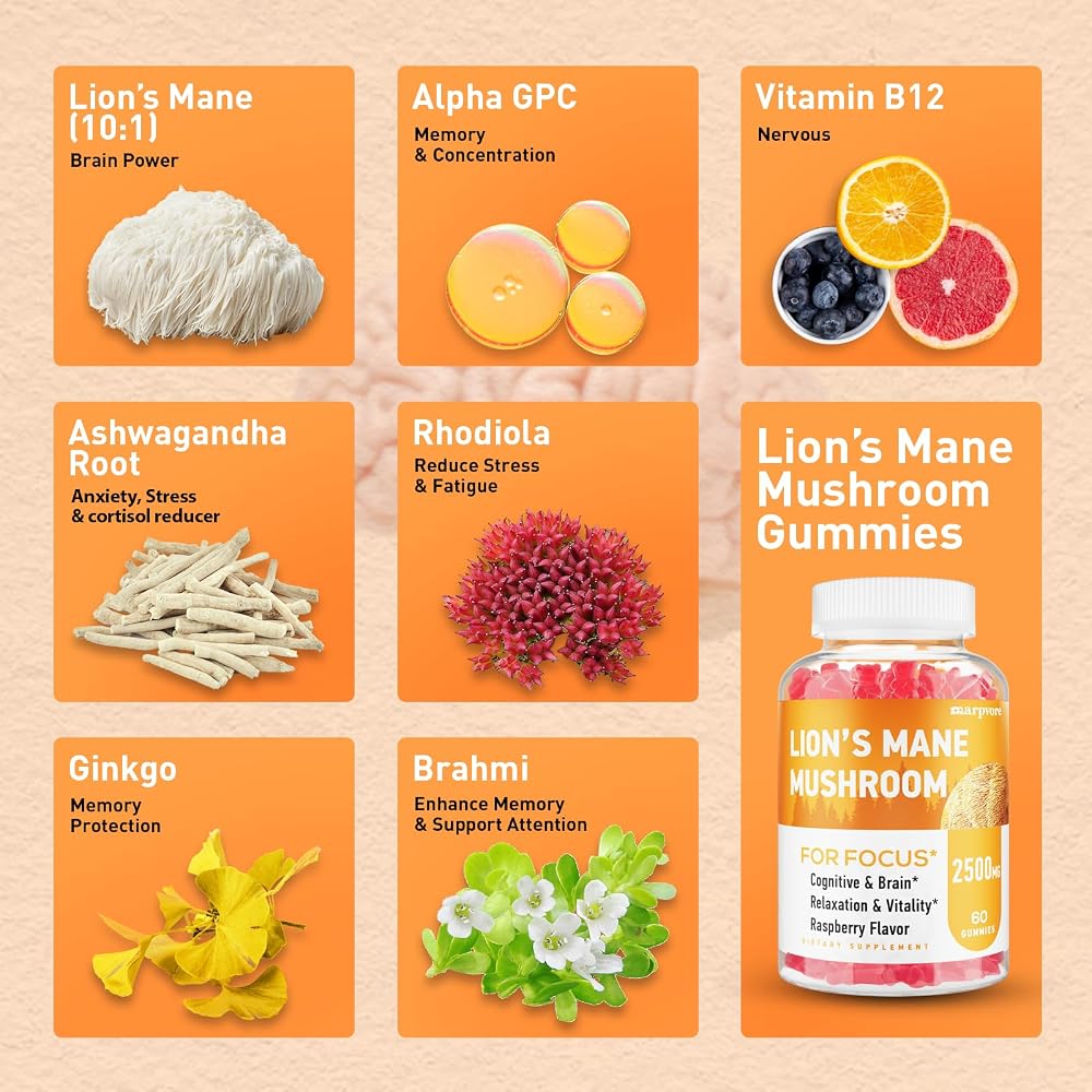 Marpvore Lion's Mane Gummies with Ashwagandha & Alpha GPC - 60 Gummies - image 4