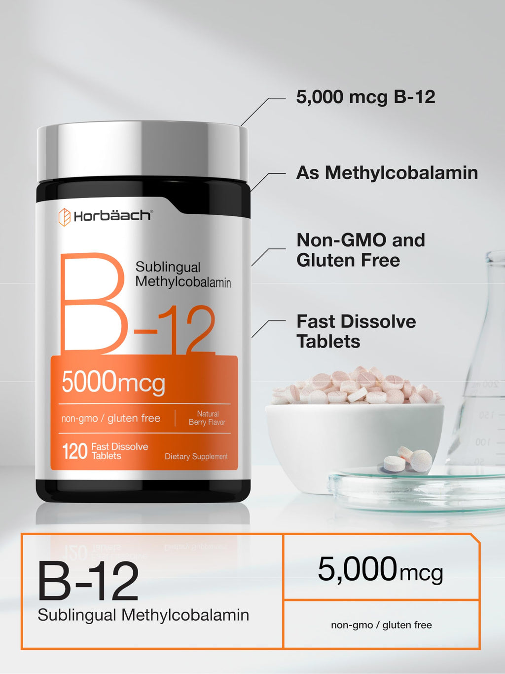 Horbäach B12 Vitamin 5000 mcg Fast Dissolve Tablets - 120 Count - image 4