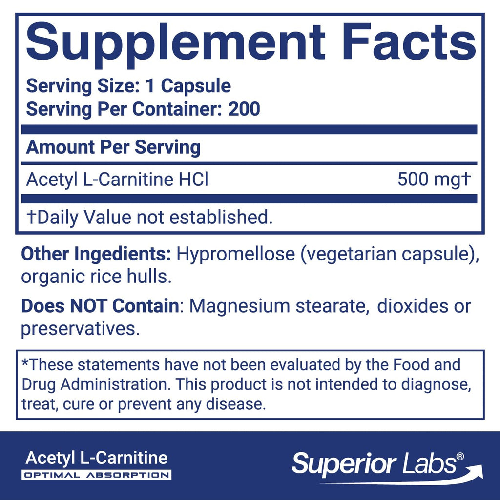 Superior Labs Acetyl L-Carnitine 500 mg Energy Support - 200 Vegetarian Capsules - image 2