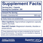 Superior Labs Acetyl L-Carnitine 500 mg Energy Support - 200 Vegetarian Capsules - image 2