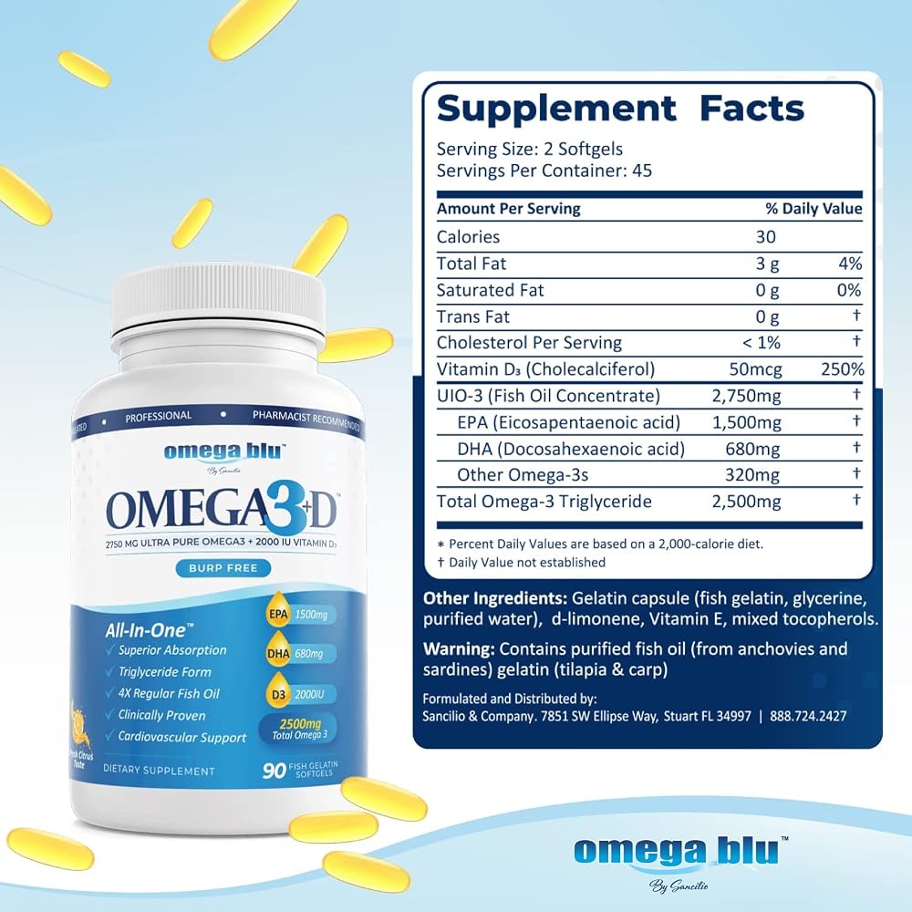 OMEGA BLU Triple Strength Fish Oil 2750mg with Vitamin D3 - 90 Softgels - image 3
