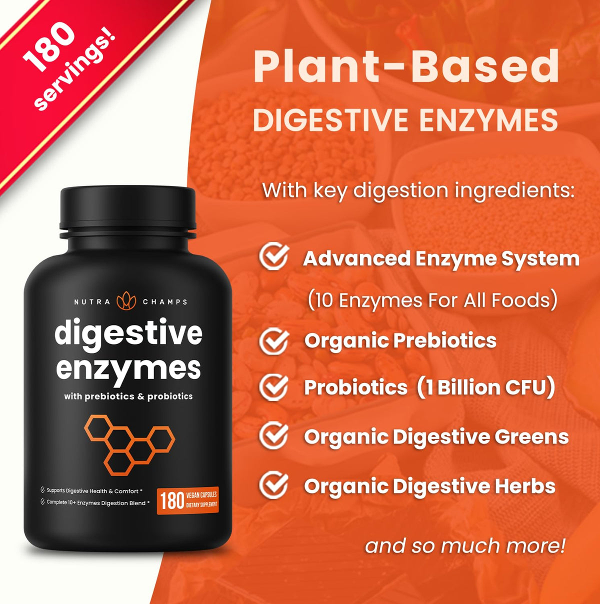 NutraChamps Digestive Enzymes with Probiotics for Bloating - 180 Capsules - image 2
