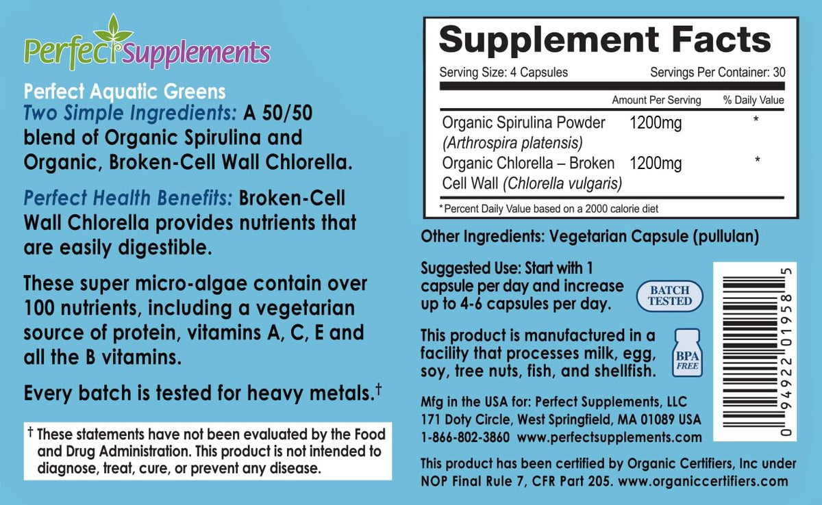 Perfect Supplements Aquatic Greens Organic Spirulina Chlorella - 120 Capsules - image 2