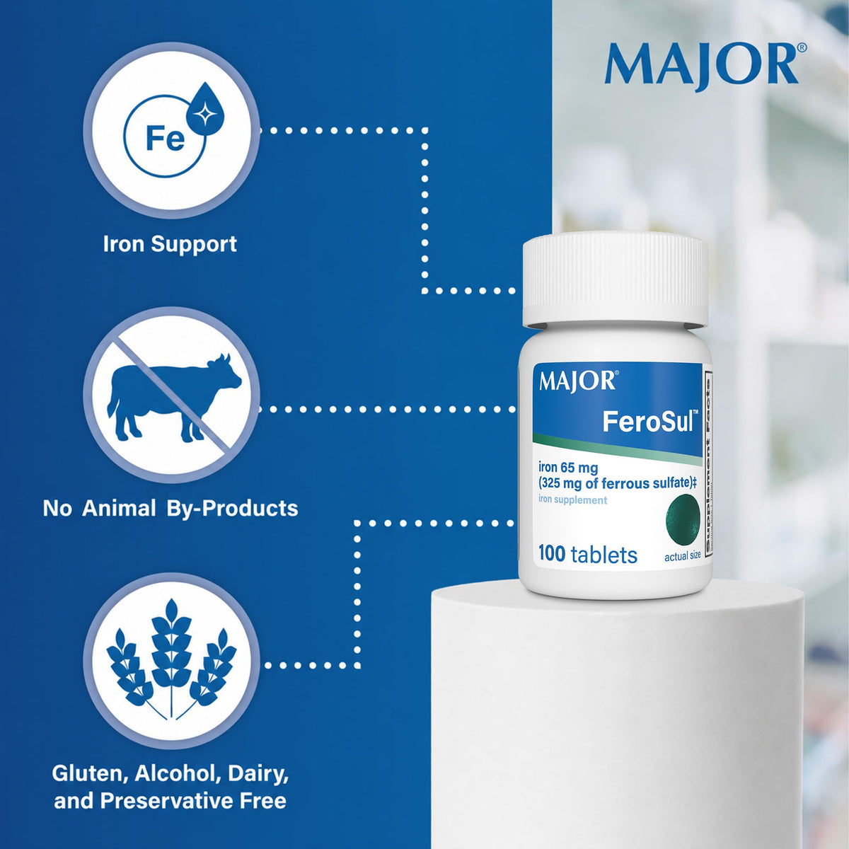 MAJOR Ferosul Ferrous Sulfate 325mg Iron Supplement - 100 Tablets - image 4