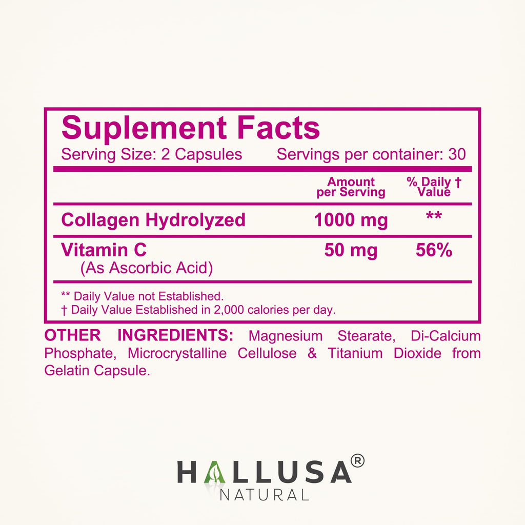 Hallusa Natural Hydrolyzed Collagen 1000mg with Vitamin C - 60 Capsules - image 4