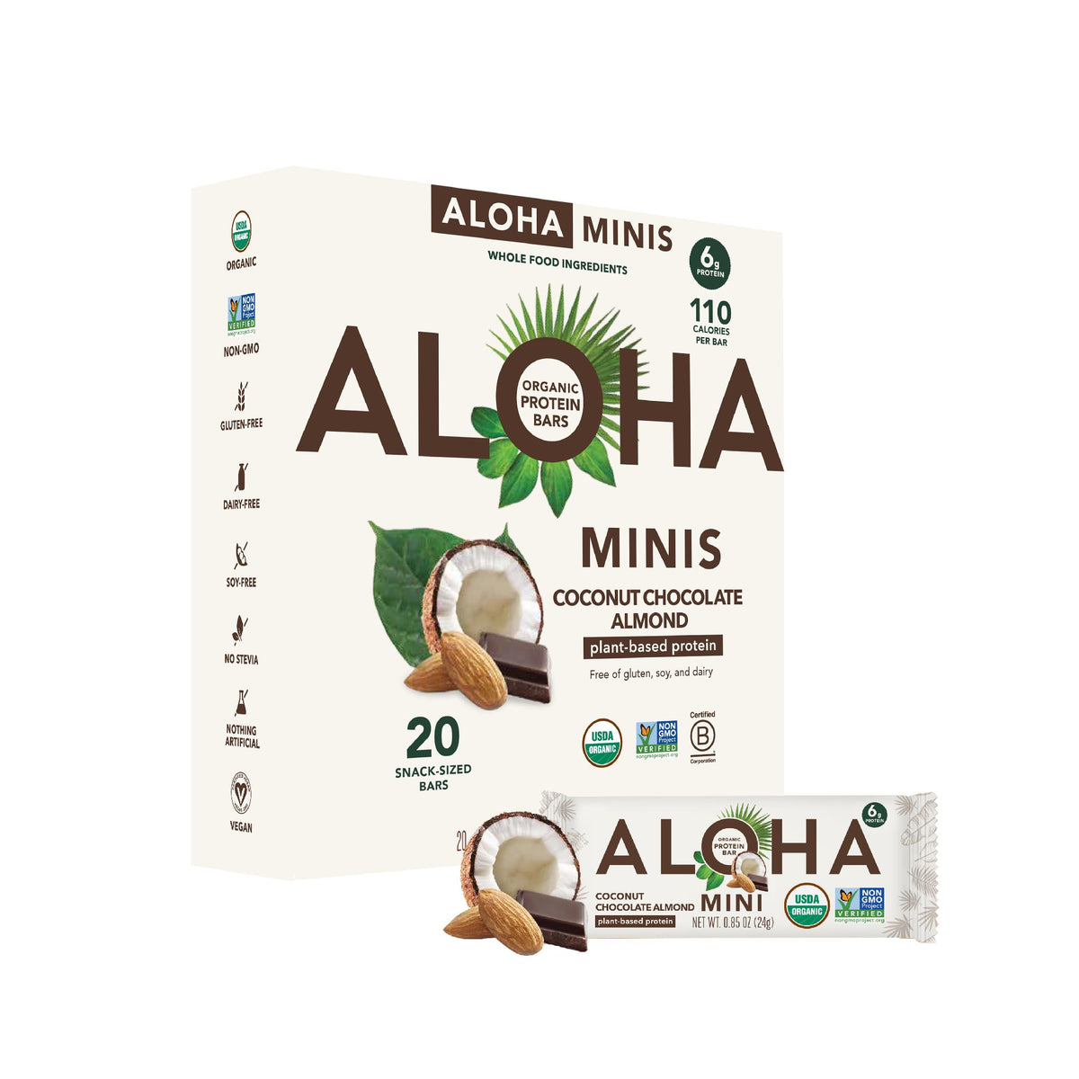 ALOHA Organic Plant Based Protein Bar Minis Coconut Chocolate Almond - 20 Count