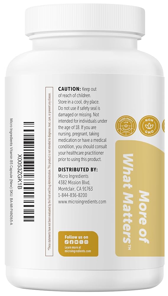 Micro Ingredients Pantothenic Acid 500mg Vitamin B5 - 365 Capsules - image 10