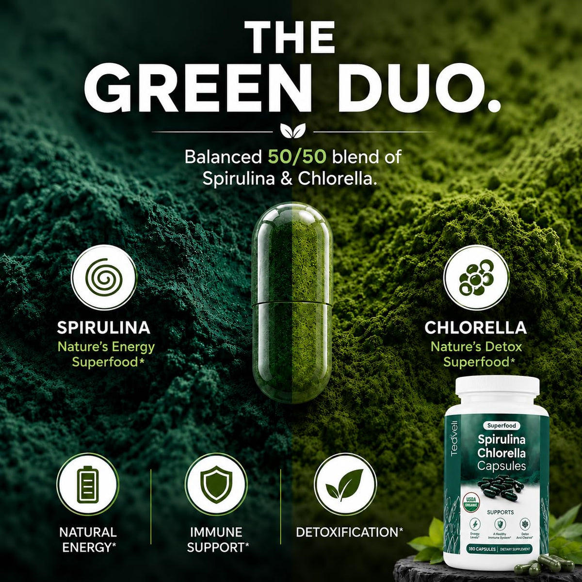 Teaveli Organic Spirulina and Chlorella Capsules - 180 Count - image 5
