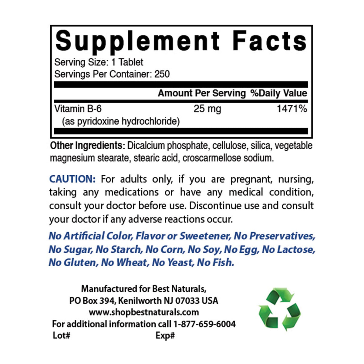 Best Naturals Vitamin B6 25mg - 500 Tablets - image 2