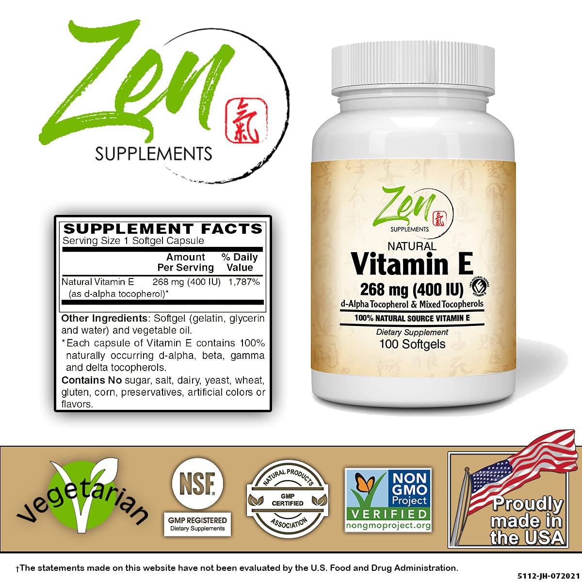 Zen Supplements Vitamin E 400IU Mixed Tocopherols - 100 Softgels - image 2