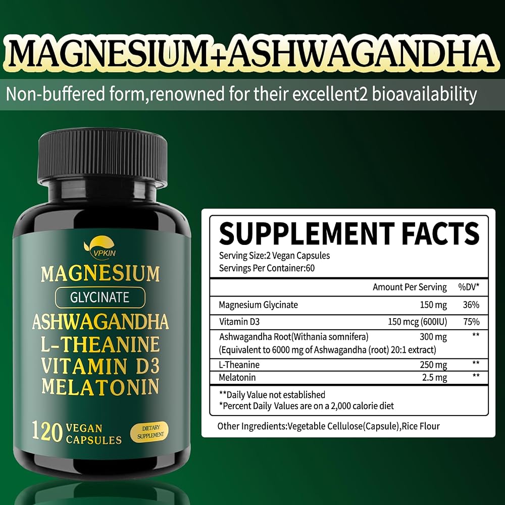 VPKIN Magnesium Ashwagandha Supplement with L-Theanine - 120 Capsules - image 4