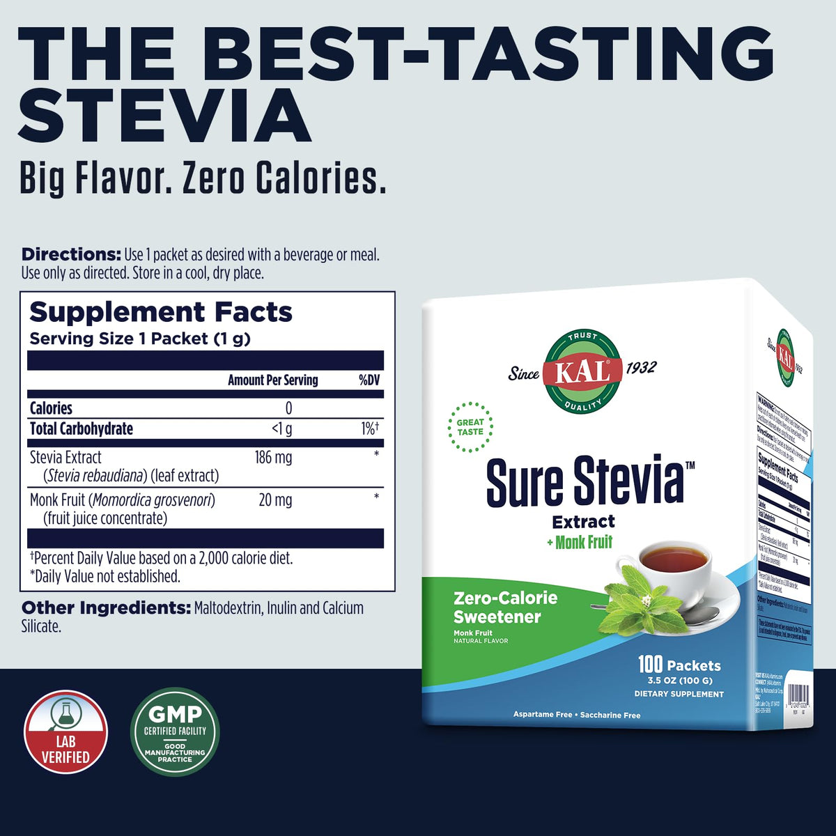 KAL Sure Stevia Plus Monk Fruit Sweetener - 100 Packets - image 2