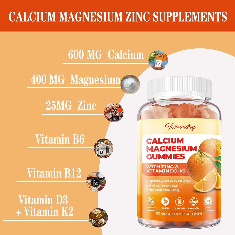 Tcemundry Calcium Magnesium Zinc Gummies with Vitamin D3 & K2 - High