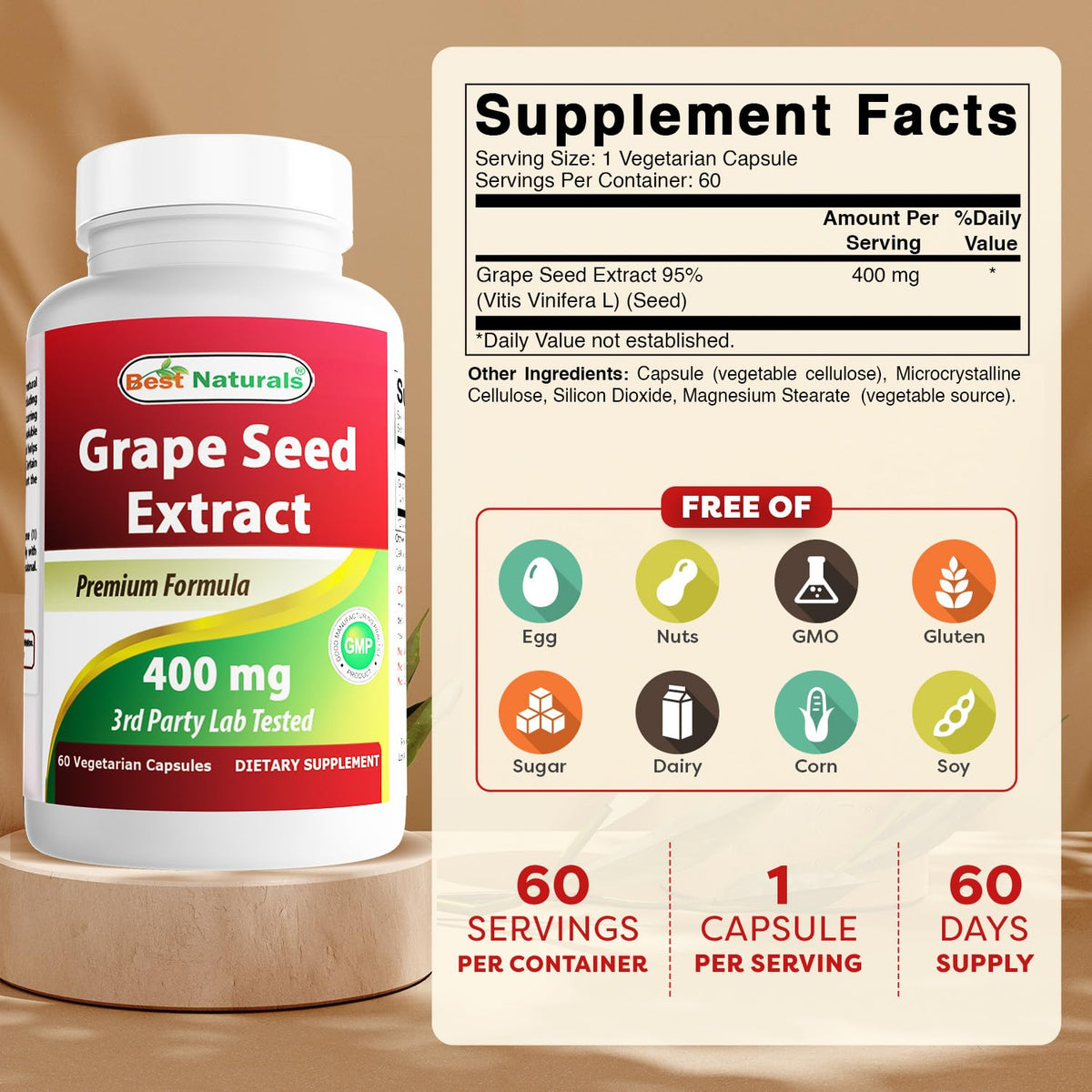 Best Naturals Grape Seed Extract 400 mg 60 Vegetarian Capsules