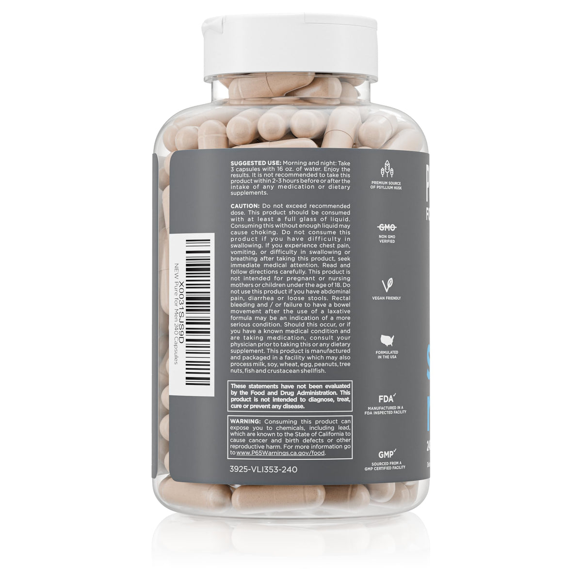 Pure for Men Stay Ready Fiber Supplement Psyllium Husk - 240 Vegan Capsules - image 3