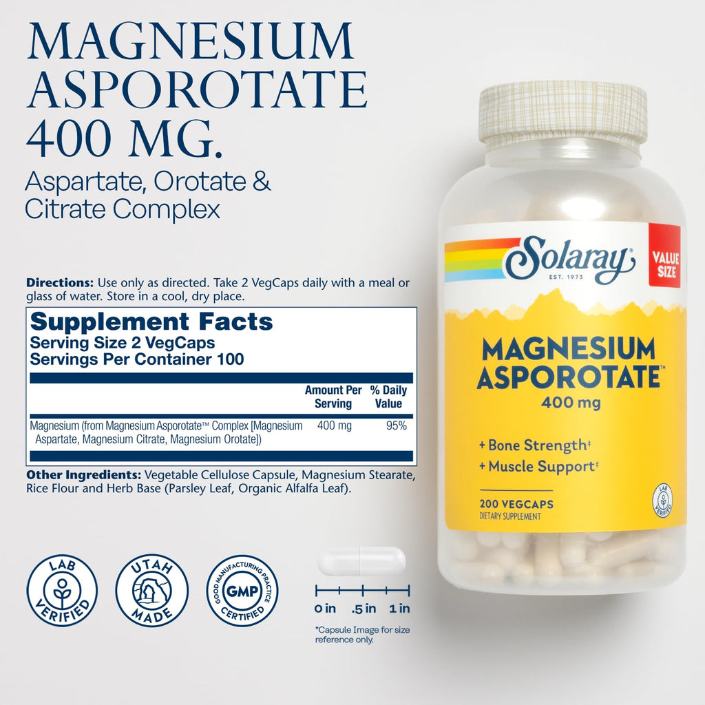 Solaray Magnesium Asporotate 400 mg - 200 Vegetarian Capsules - image 2