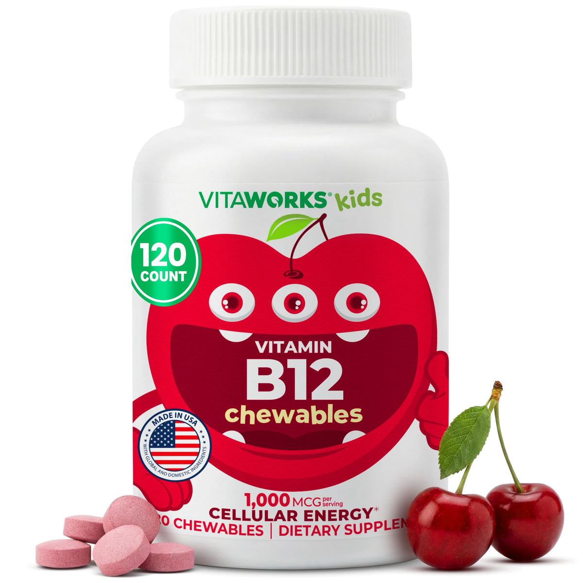 VitaWorks Chewable Vitamin B12 for Kids 1000 mcg - 120 Count