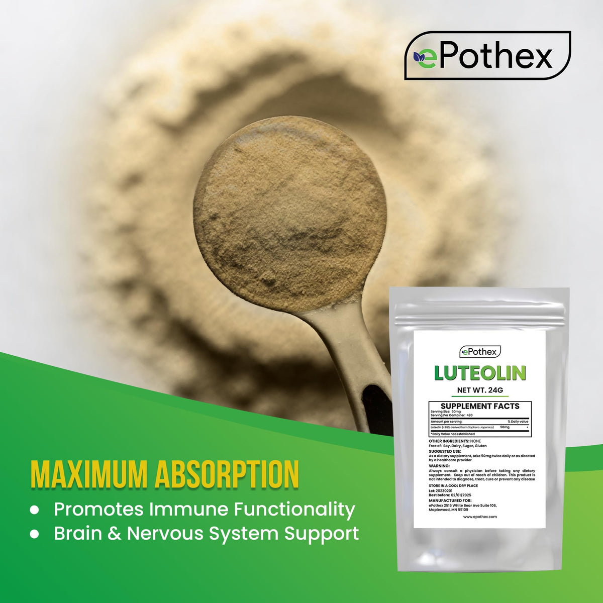ePothex Pure Luteolin Powder Brain & Nervous System Support - 24g - image 3