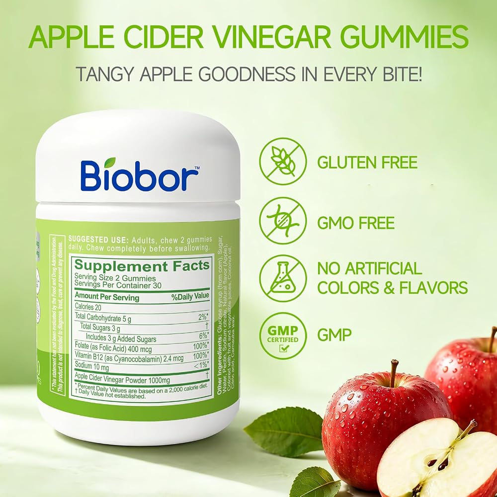 Biobor Apple Cider Vinegar Gummies 1000 mg with B12 - 60 Count - image 2