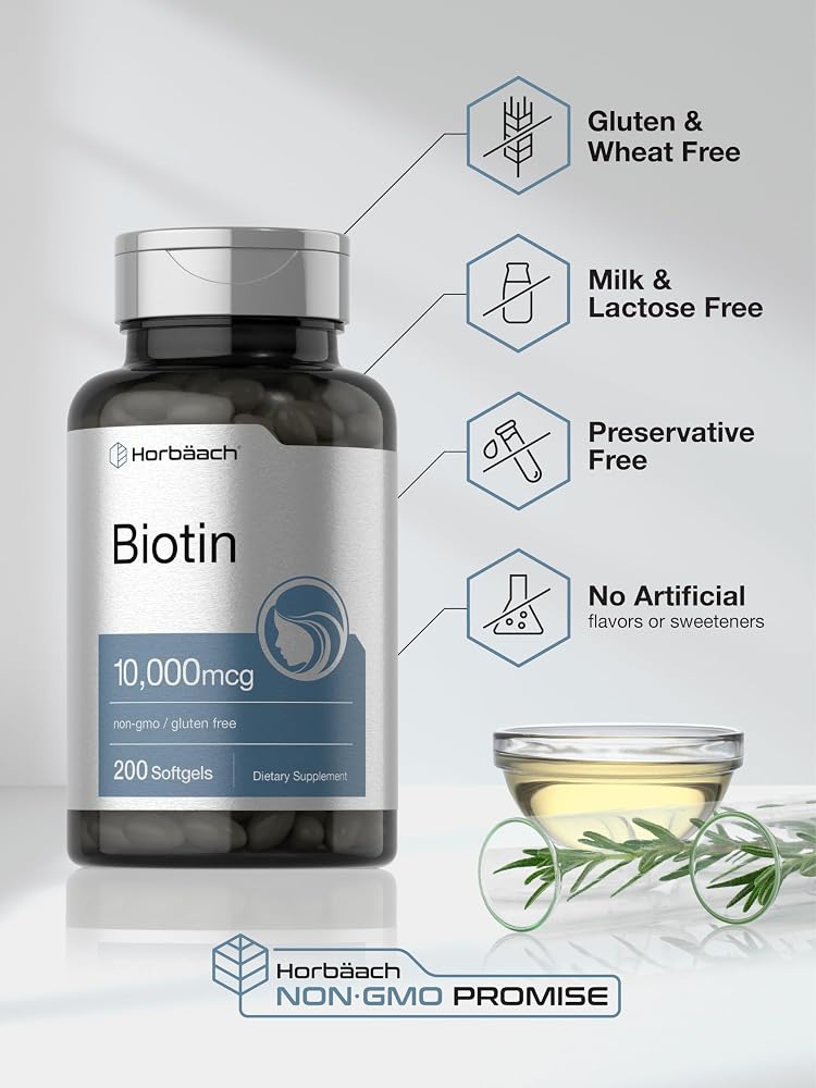 Horbäach Biotin 10000 mcg Vitamin B7 - 200 Softgels - image 5