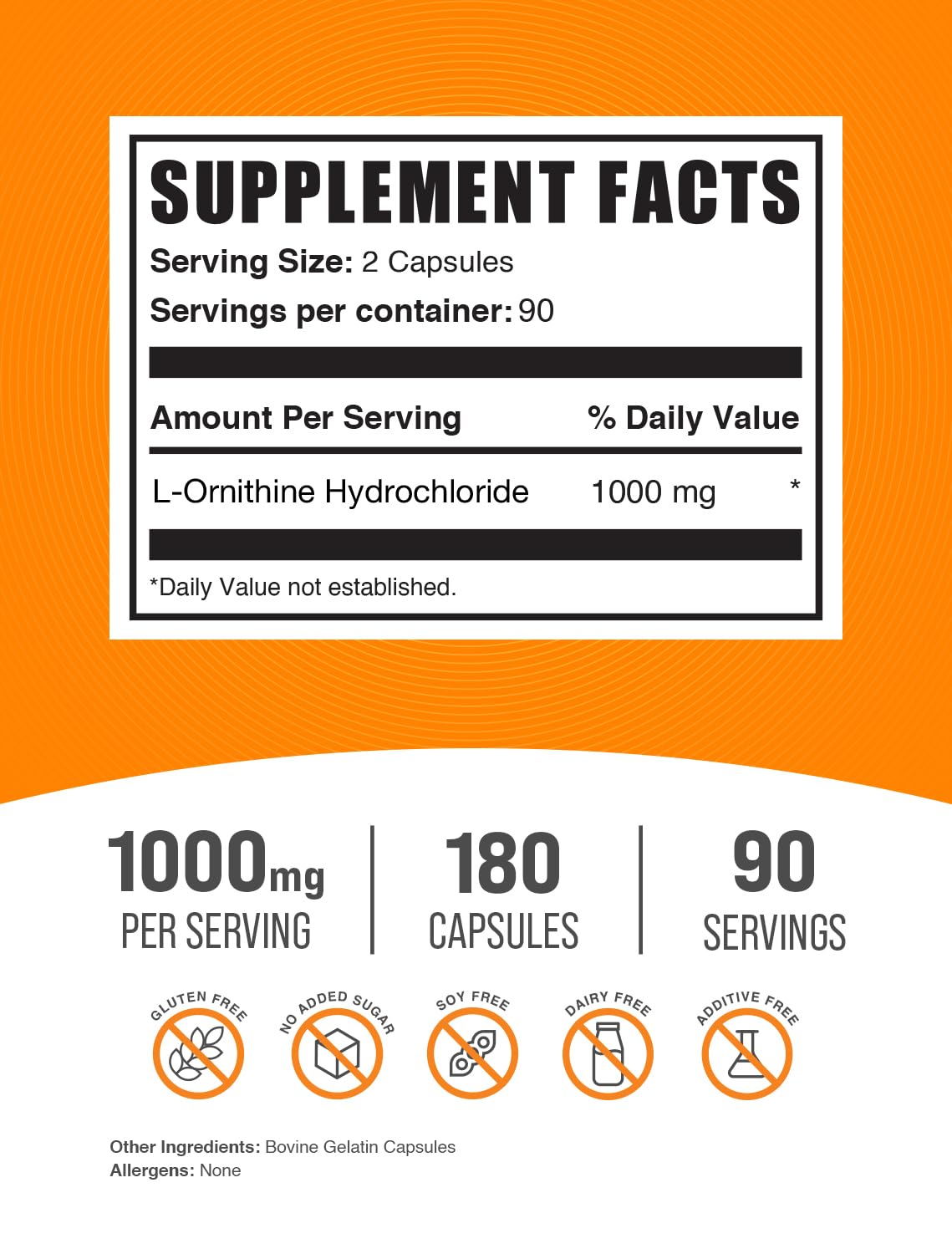 BulkSupplements L-Ornithine HCl 1000mg - 180 Capsules - image 2