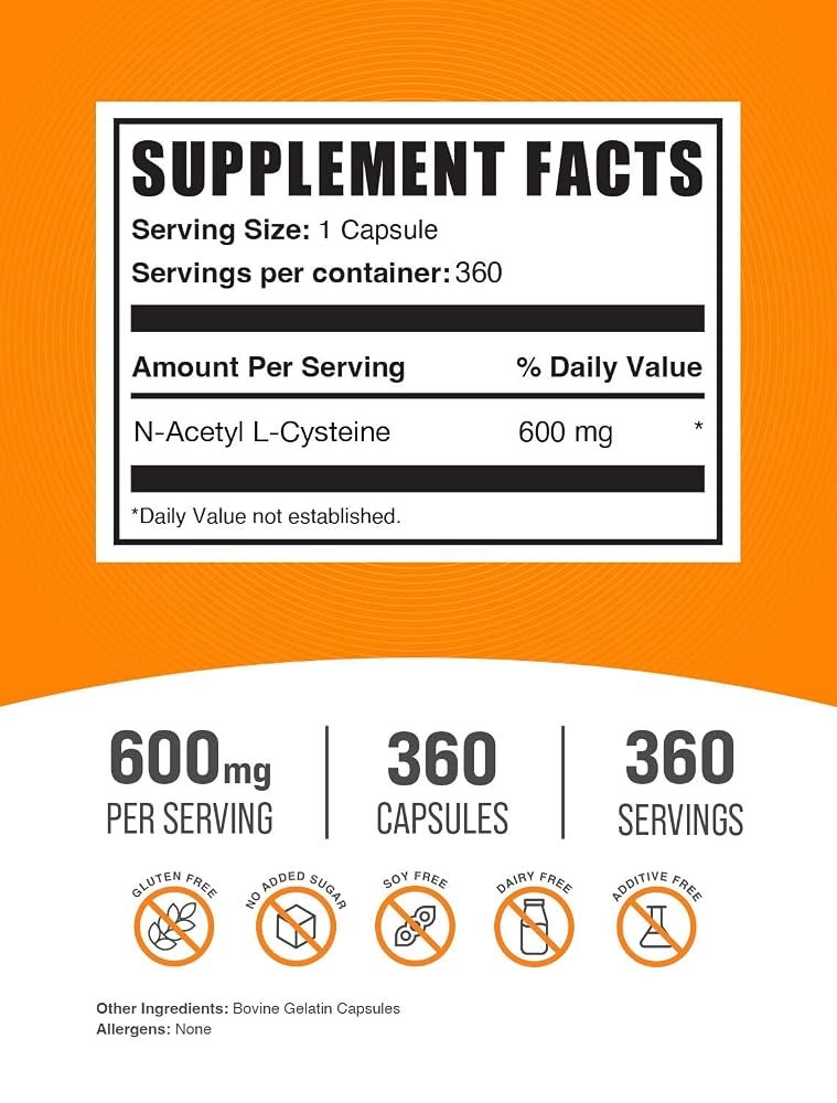 BulkSupplements N-Acetyl L-Cysteine 600mg - 360 Capsules - image 2