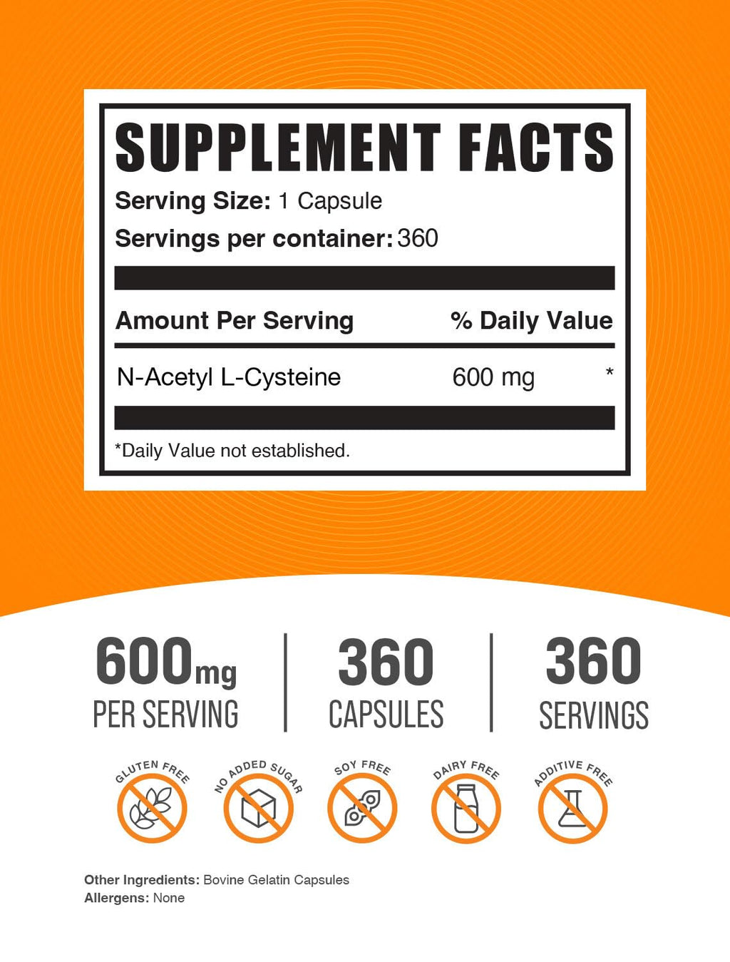 BulkSupplements N-Acetyl L-Cysteine 600mg - 360 Capsules - image 2