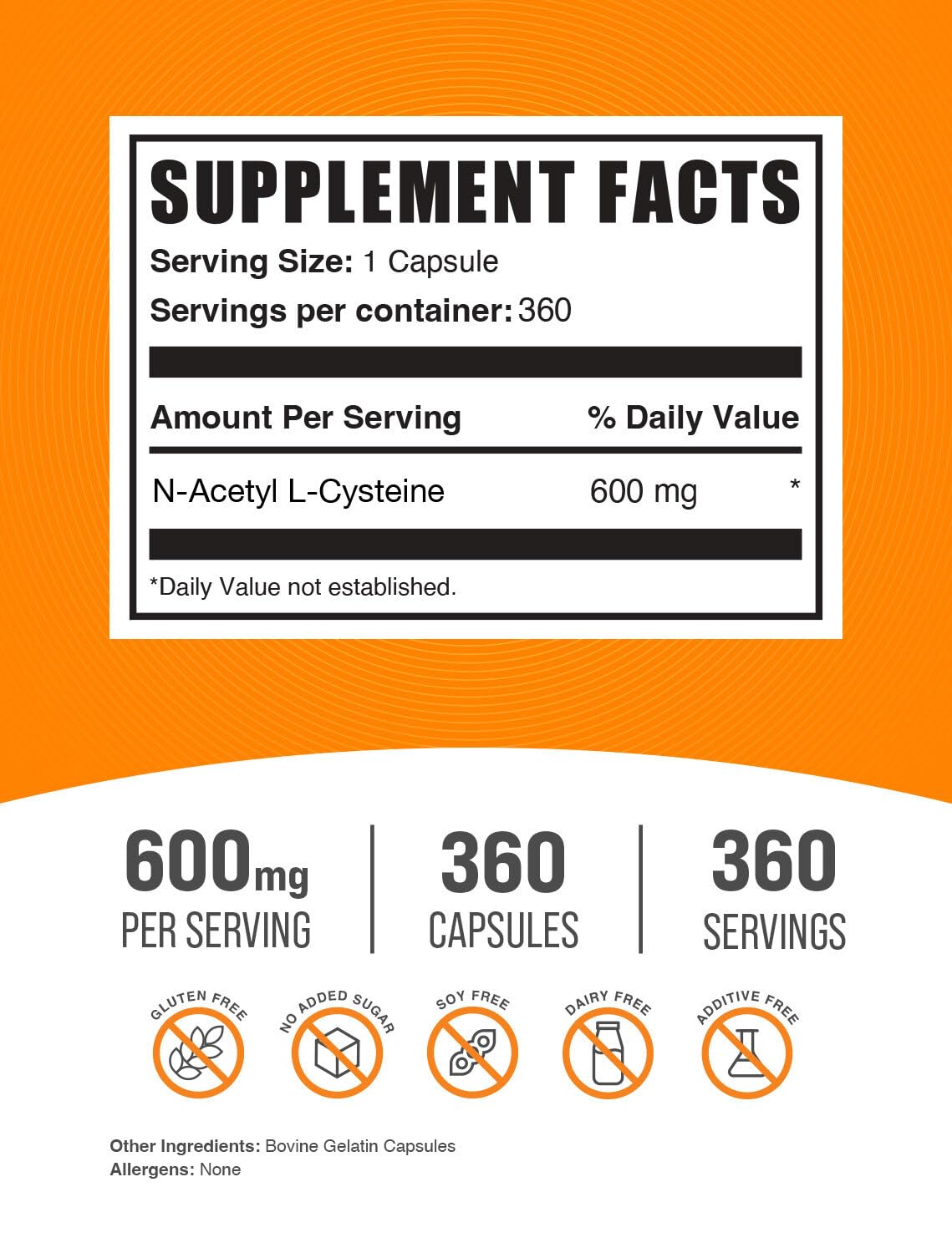 BulkSupplements N-Acetyl L-Cysteine 600mg - 360 Capsules - image 2