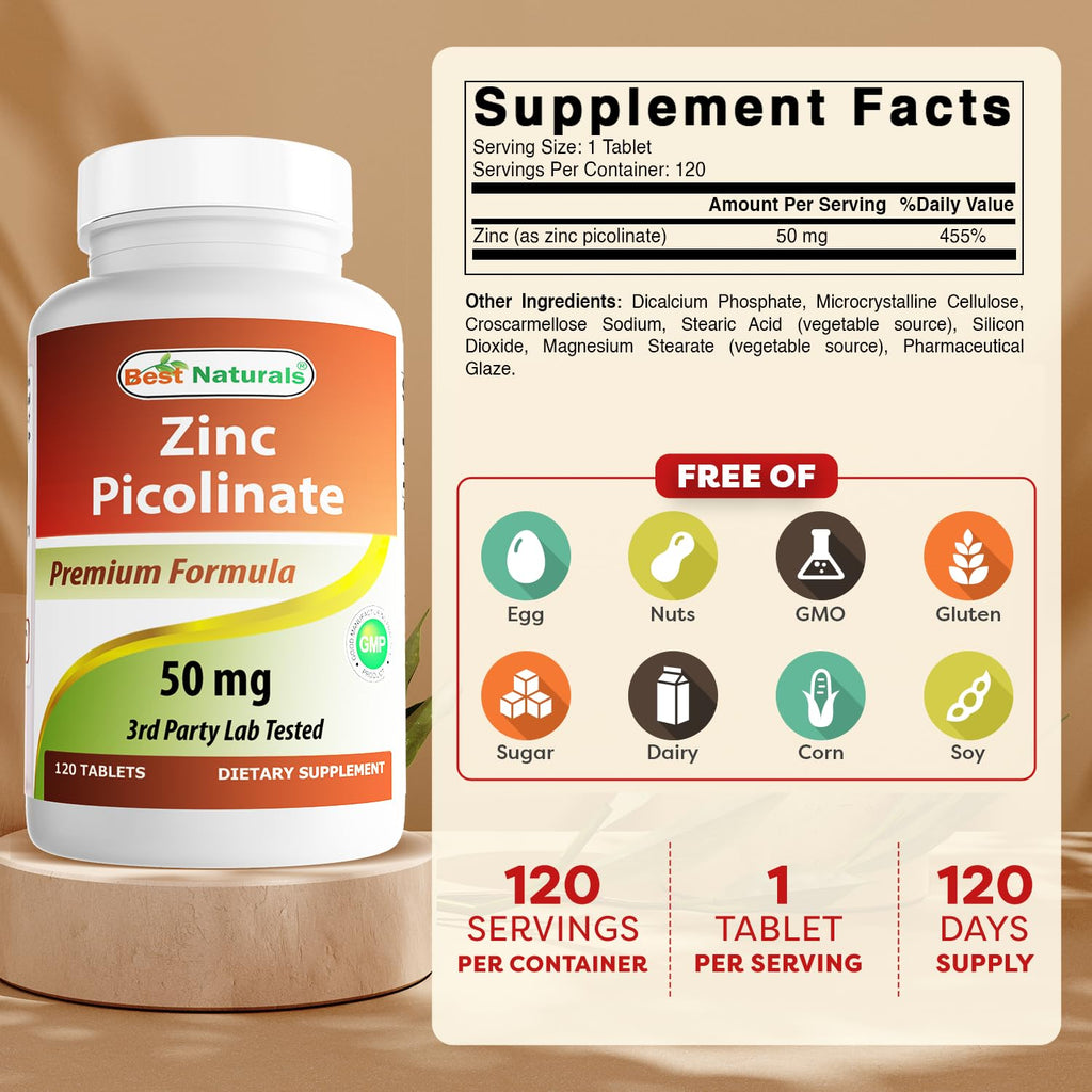 Best Naturals Zinc 50mg Picolinate Immune Support - 120 Tablets - image 2
