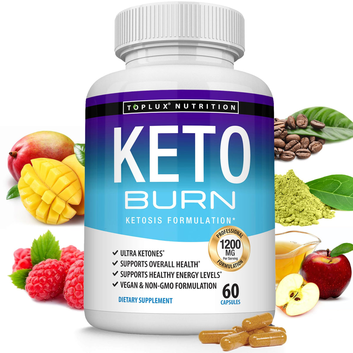 Toplux Keto Burn 1200mg Raspberry Ketones & Green Tea - 60 Capsules