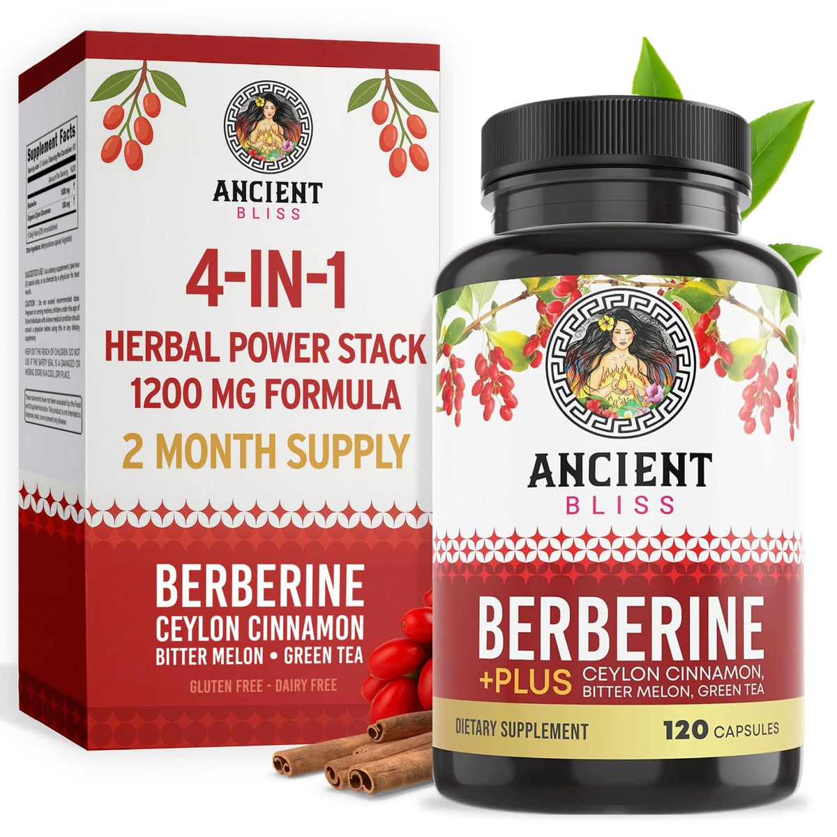 Ancient Bliss Berberine HCL 1200mg with Ceylon Cinnamon - 120 Capsules