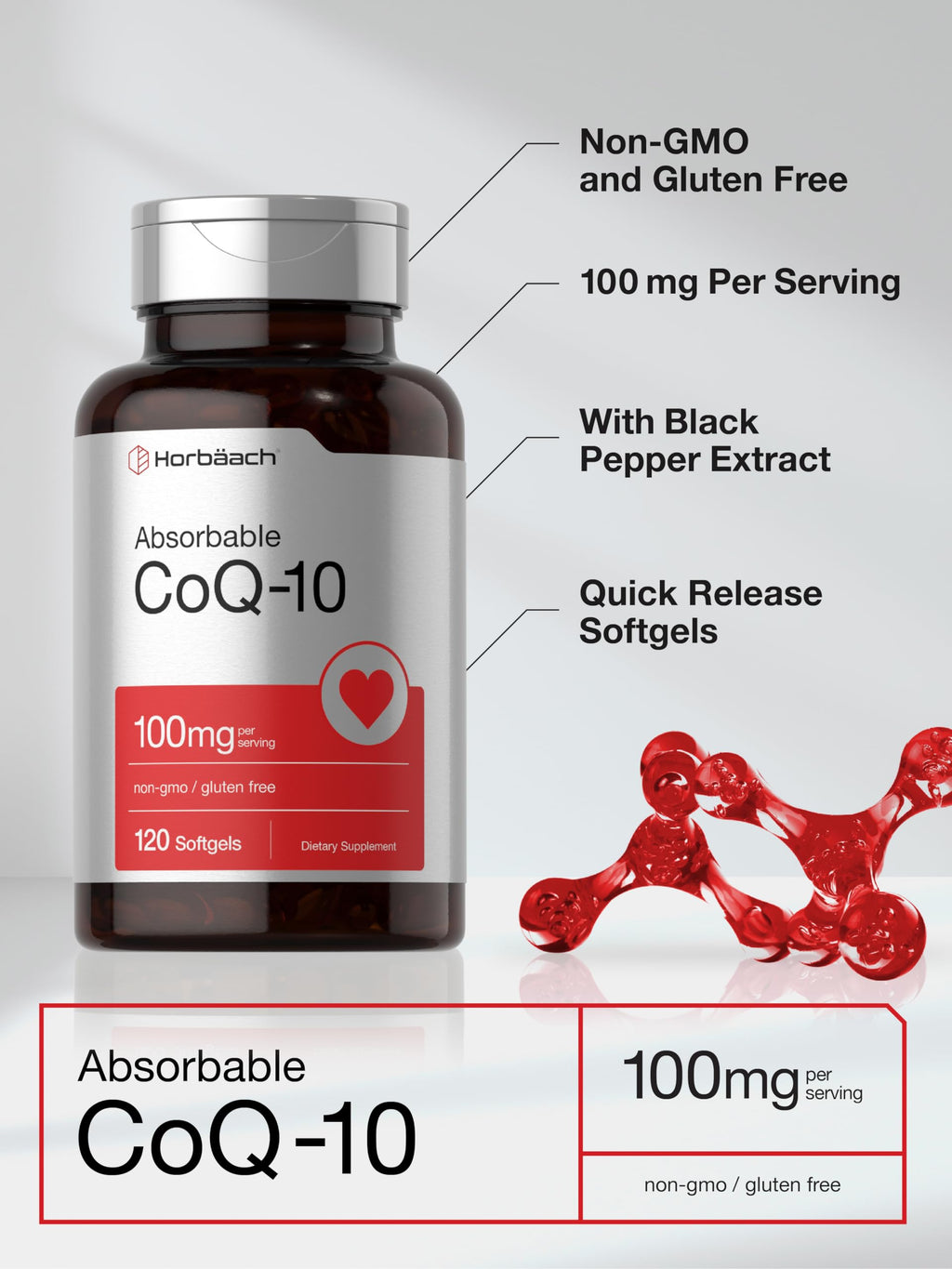 Horbäach CoQ10 100mg Antioxidant - 120 Softgels - image 4