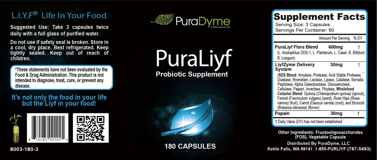 PuraDyme PuraLiyf Digestive Enzymes with Probiotics - 180 Capsules - image 2