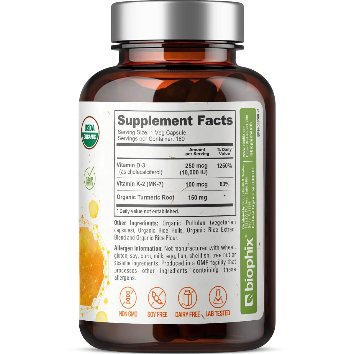 biophix Organic Vitamin D-3 K2 Turmeric - 180 Vegetarian Capsules - image 9