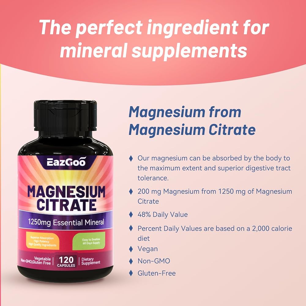 EAZGOO Magnesium Citrate 1250mg Calm & Relaxation - 120 Capsules - image 4