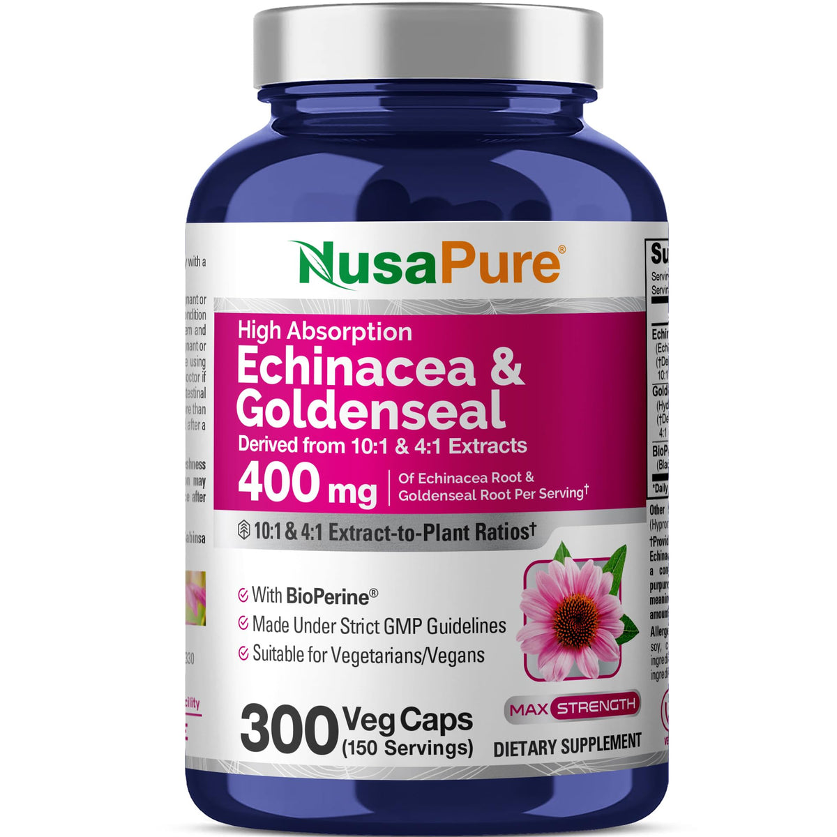 NusaPure Echinacea Goldenseal 400mg Vegan - 300 Vegetarian Capsules