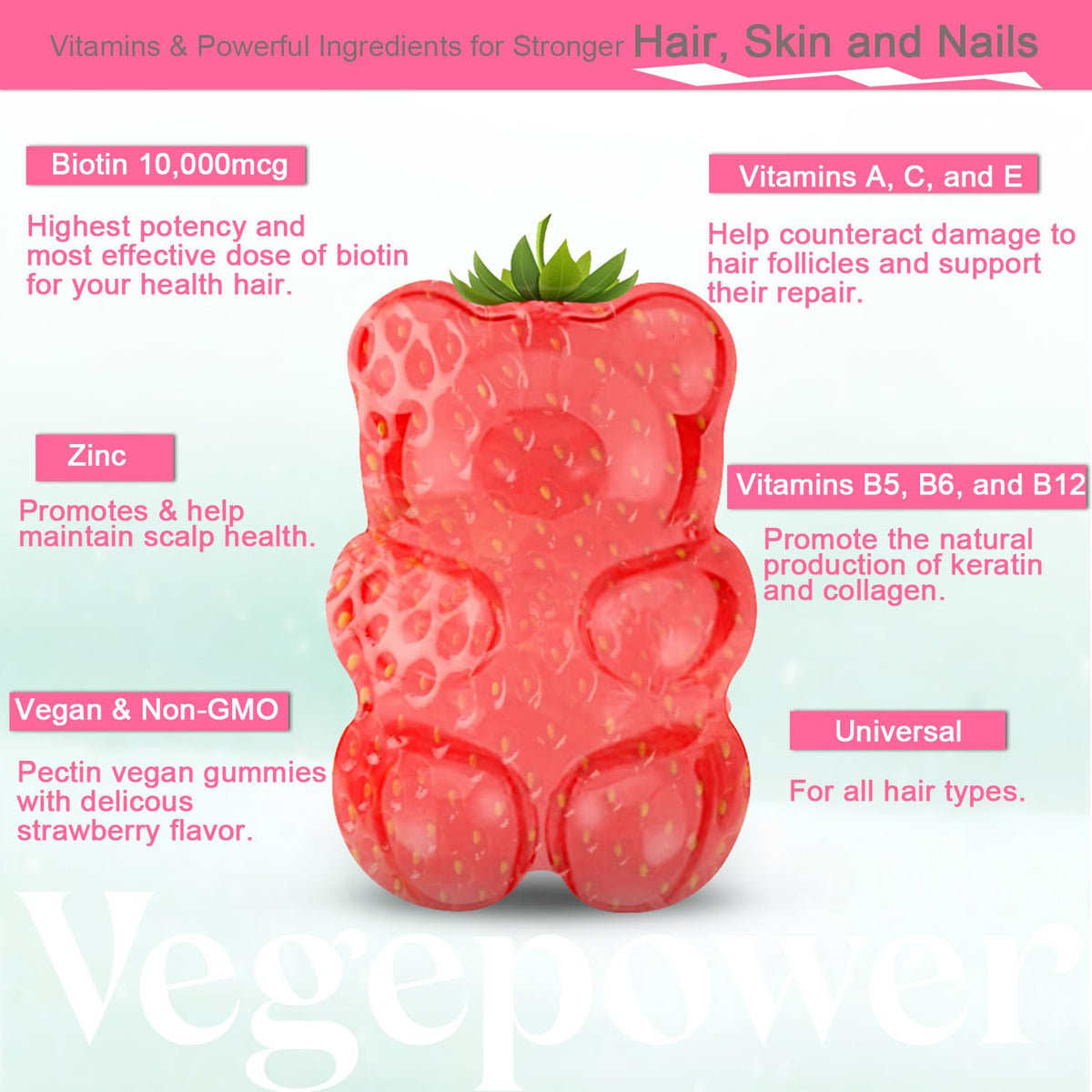 VEGEPOWER Biotin Gummies 10000mcg for Hair Growth - 60 Gummies - image 3