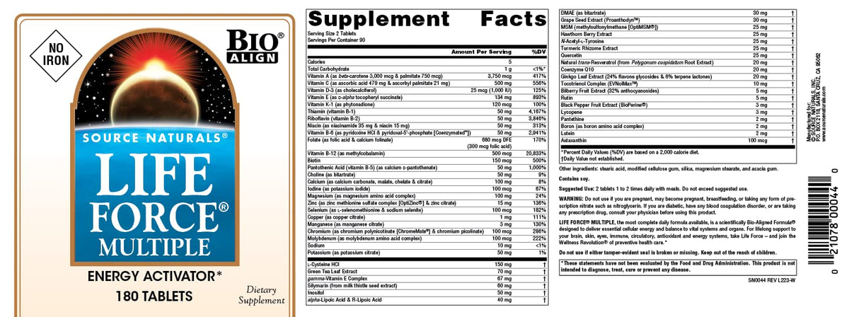 Source Naturals Life Force Multiple, No Iron Tablets