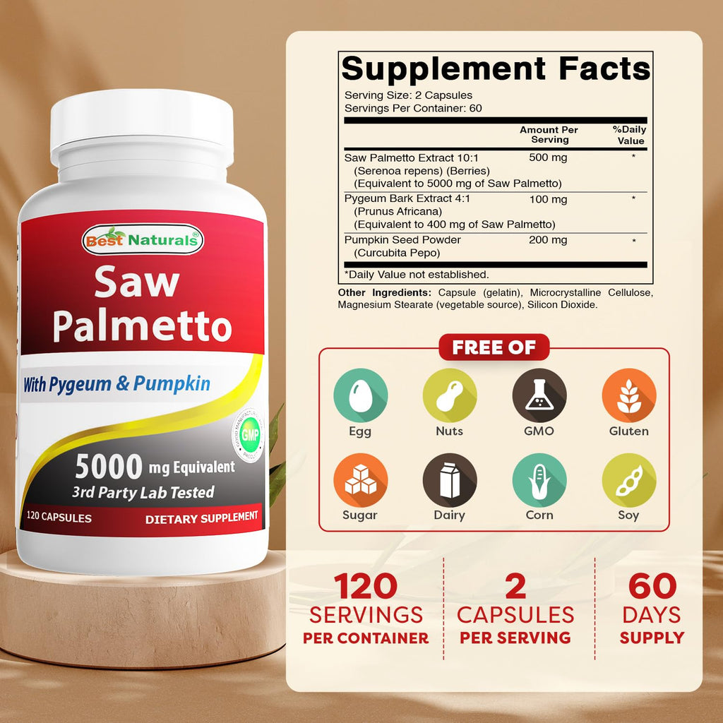 Best Naturals Saw Palmetto 10:1 Extract Prostate Supplements - 120 Capsules - image 2
