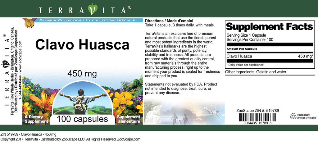 Terravita Clavo Huasca - 450 mg (100 Capsules, ZIN: 519789)