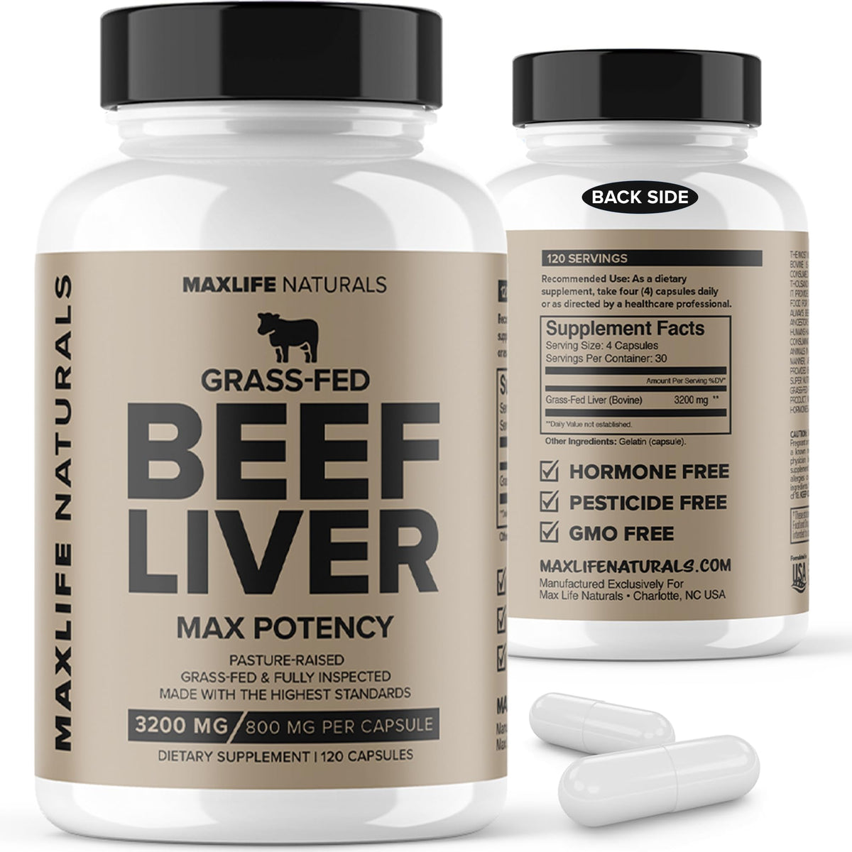 MaxLife Naturals Grass Fed Beef Liver Capsules 3200mg - 120 Count