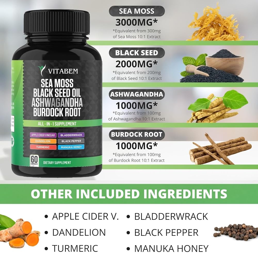 Vitabem Sea Moss Black Seed Oil Ashwagandha Capsules - 60 Count - image 2