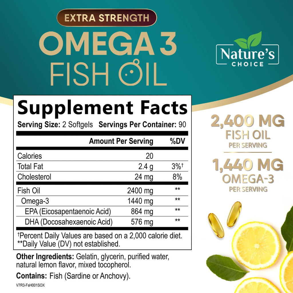 Nature's Choice Omega 3 Fish Oil Supplements - 2400mg Fish Oil Per