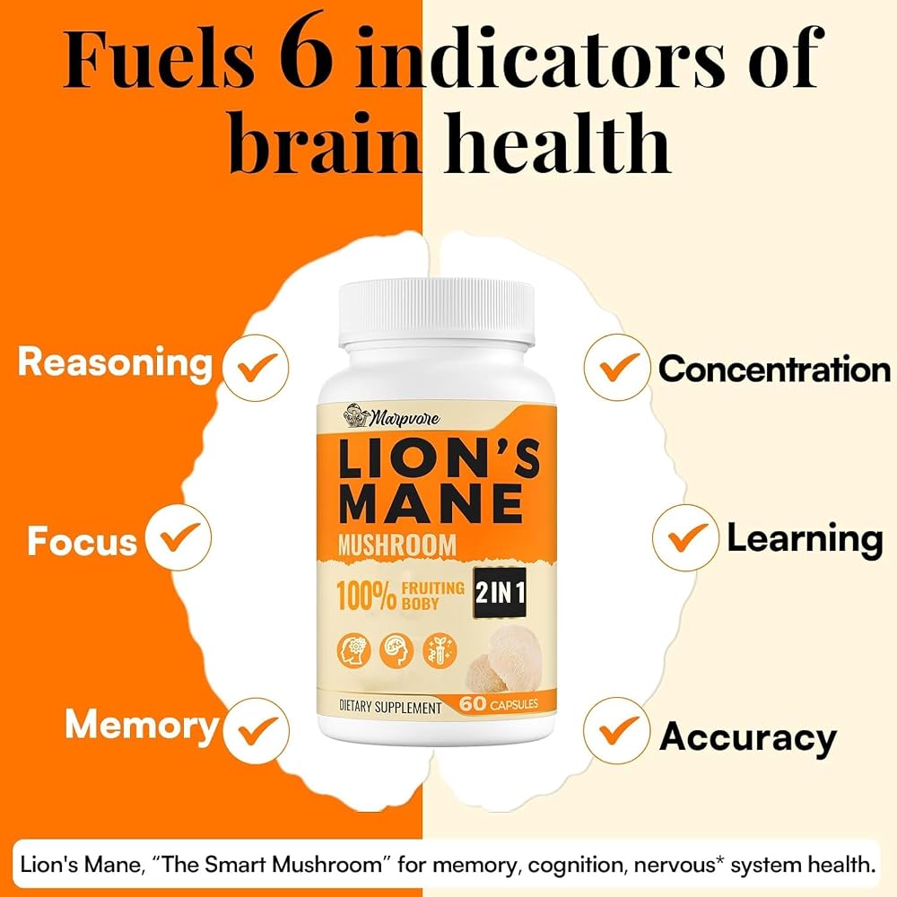 Marpvore Lions Mane Supplement 1400mg for Memory and Focus - 60 Capsules - image 2